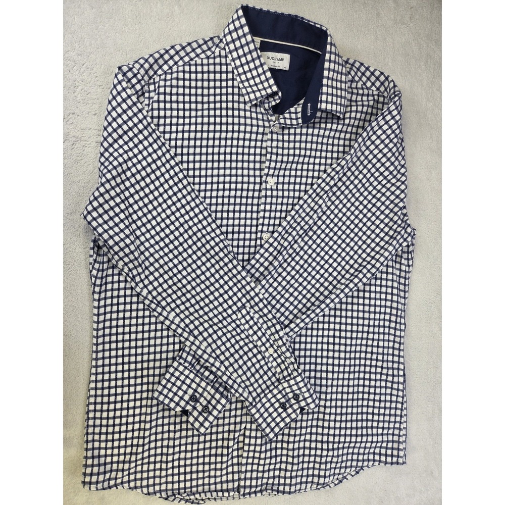 Duchamp London Dress Shirt Mens 16.5 42 Blue White Check Tailored Fit Button Up